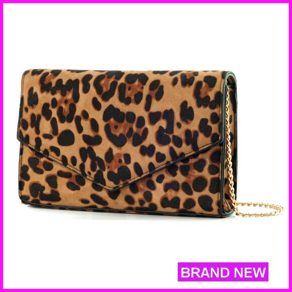 Leopard Print Evening Clutch with Detachable Chain Strap, Polyester
